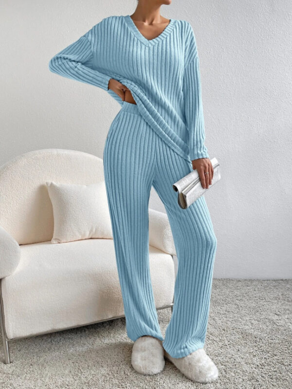 Fashion Solid Striped Suit V-neck Long-sleeved Top And Casual Straight Pants Loose Temperament Women's Clothing - Image 4