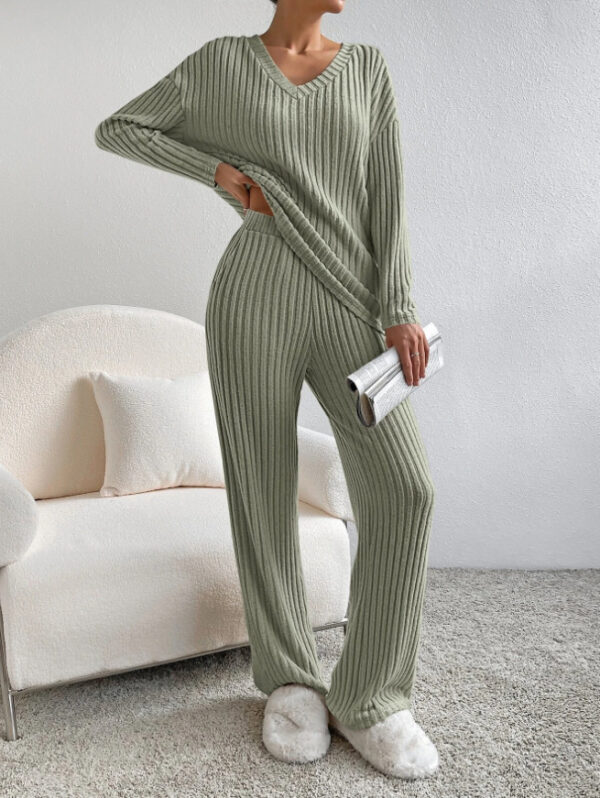 Fashion Solid Striped Suit V-neck Long-sleeved Top And Casual Straight Pants Loose Temperament Women's Clothing - Image 9