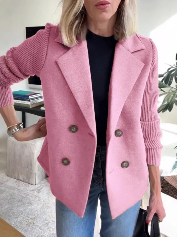 Double Breasted Lapel Jacket Fashion Knitted Sleeves Splicing Design Coat Outerwear Women's Clothing - Image 7